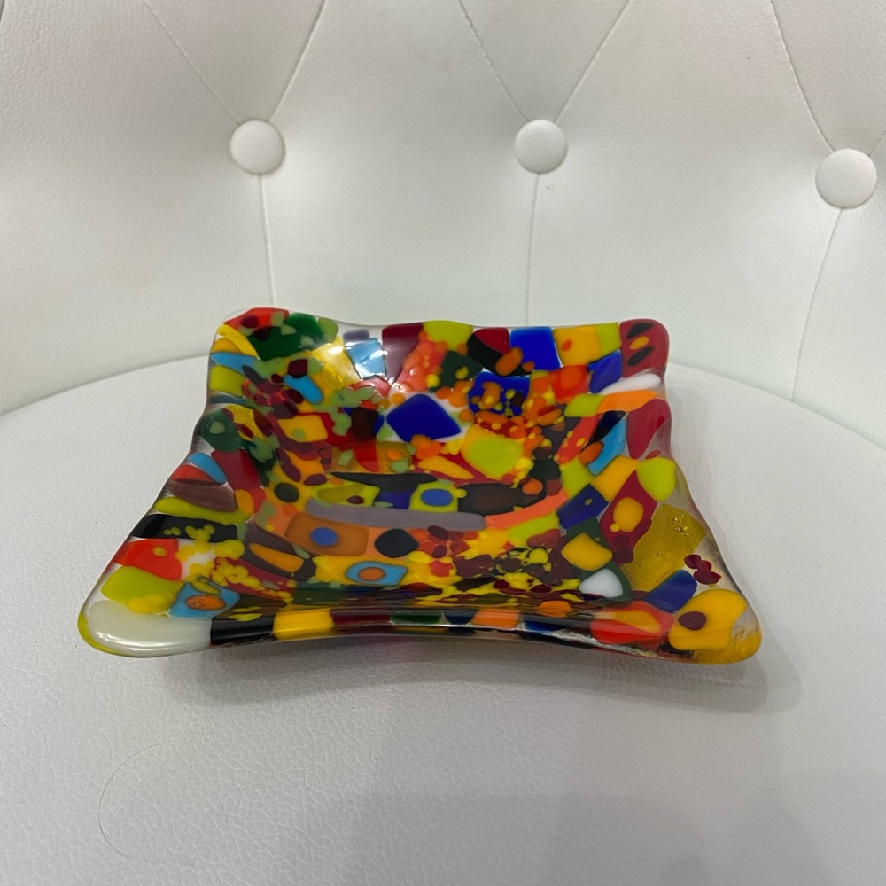 Vintage MCM Fused Art Glass Square Ashtray/Trinket Dish Brilliant Warm Colors